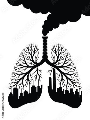 Industrial pollution damaging human lungs and environment concept