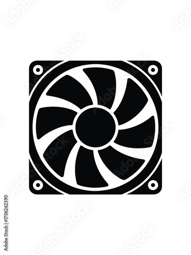 Black silhouette of a computer cooling fan with curved blades