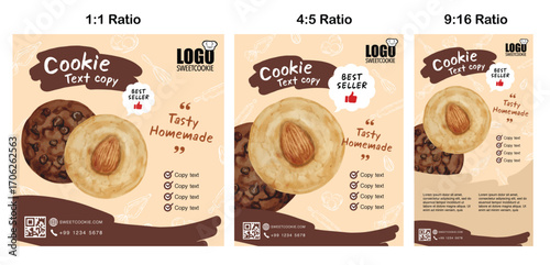 3-Ratio Cookie or Dessert Art And Design Template. Editable, change food image, color and composition.