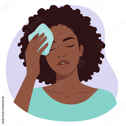 Woman with cold compress on forehead, eyes closed, skin looks relaxed, pastel background - graphic image of self-help and recovery.