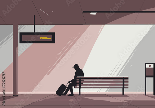 Man waiting at the train station: loneliness in space, background of dusty pink and light grey abstract lines like brush strokes, vector illustration with clear space for text.
