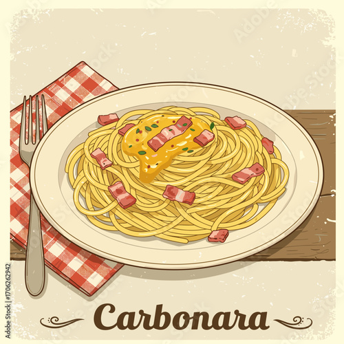 Plate of spaghetti carbonara with bacon and egg on wooden table in vintage style