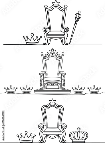 Royal Throne and Crowns Vector Set, Monarchy Line Art Illustration.
