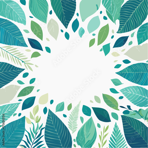 Lush botanical summer foliage border illustration with fresh green and blue leaves, ideal for natural designs and vibrant backgrounds