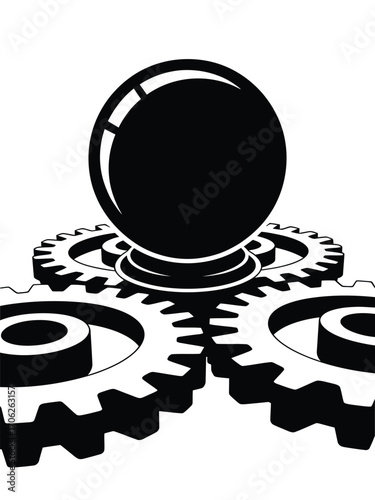 Black crystal ball on interlocking gears symbolizing future technology and innovation