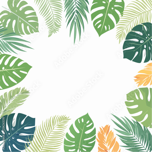 Vibrant tropical summer border with lush green exotic foliage and palm leaves, creating a refreshing natural frame for design projects