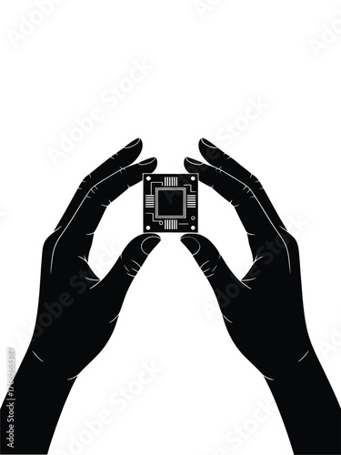 Hands holding a microchip against a white background