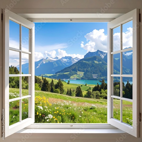 Open window reveals alpine vista. Lush green hills, wildflowers, a tranquil lake, and majestic mountains are visible through a white window frame