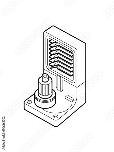 Isometric illustration of a mechanical device with a ribbed component
