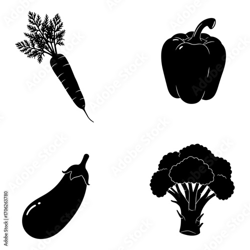 Black silhouette of a carrot, bell pepper, eggplant, and broccoli on a white background isolated image