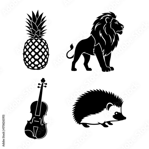 Illustration of a pineapple, lion, violin, and hedgehog in black and white simple vector style