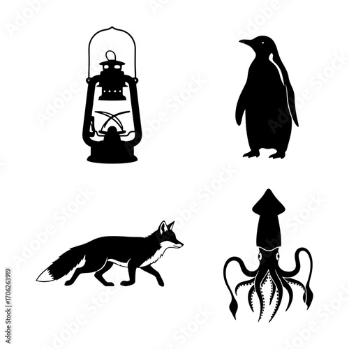 Illustration featuring a lantern, penguin, fox, and squid in black silhouette against a white background