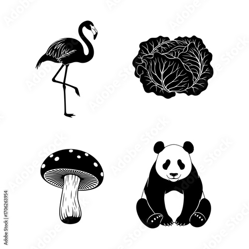 Illustration showcasing a flamingo, cabbage, mushroom, and panda in black and white vector format