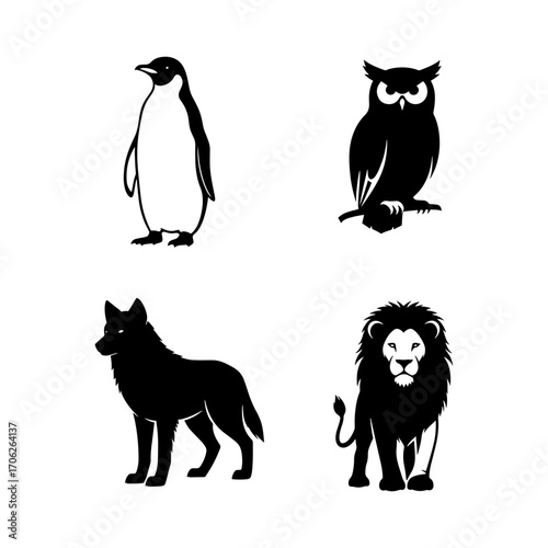 Four distinct animal silhouettes arranged in a square format including a penguin owl wolf and lion