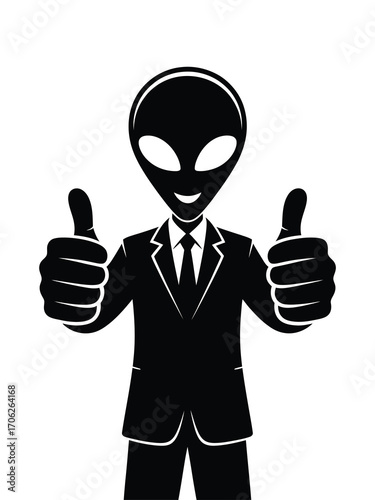 Alien in a suit giving two thumbs up gesture