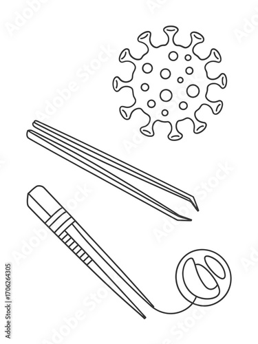 Hand drawn illustration of coronavirus and medical tools