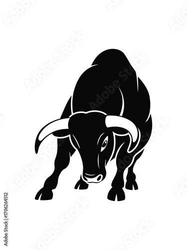 Powerful black bull silhouette charging forward with strong horns