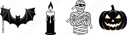 Halloween icons featuring a bat candle mummy and jacko'lantern on white