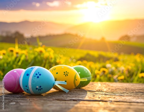 Easter eggs on a rustic wooden surface, sunrise over a field