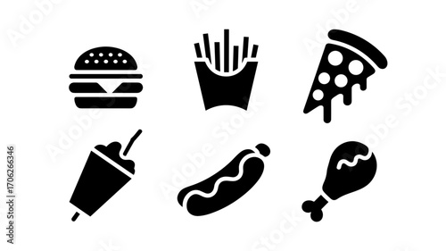 Black vector icons of popular fast food items: hamburger, french fries, pizza slice, milkshake, hot dog, and fried chicken drumstick. Perfect for menus, delivery apps, food blogs, and restaurant brand