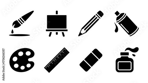 Set of black vector icons featuring art and drawing tools: paintbrush, canvas, pencil, spray paint, color palette, ruler, eraser, and ink bottle. Perfect for creative projects, art education, and desi