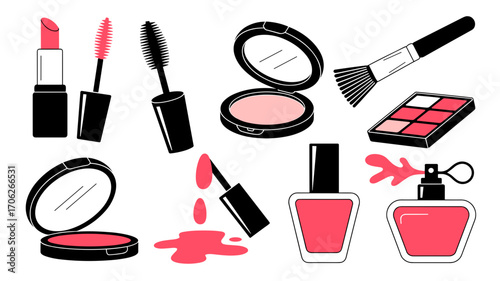 Set of beauty and makeup icons in color. Includes lipstick, mascara, blush, powder compact, eyeshadow palette, nail polish, perfume, and brush. Suitable for beauty apps, ecommerce, and cosmetic brandi