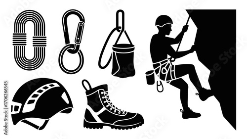 Set of black silhouette icons of climbing gear and a rock climber. Includes rope, carabiners, chalk bag, helmet, climbing shoe, and a person rock climbing. Suitable for adventure, outdoor sports, and 