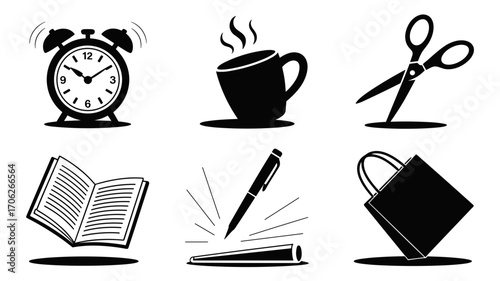 Set of black silhouette icons representing daily routine items: alarm clock, coffee cup, scissors, open book, pen with paper, and shopping bag. Perfect for lifestyle, education, or productivity themes