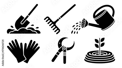 Gardening icons vector set in black silhouette style including shovel, rake, watering can, gloves, pruner and seedling
