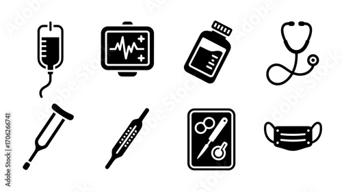 Medical icons vector set in black silhouette style including IV bag, monitor, pills, stethoscope, crutch, thermometer, scalpel and face mask
