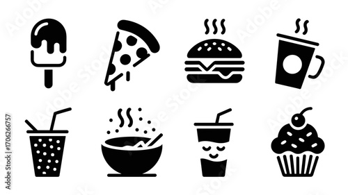 Fast food icons vector set in black silhouette style with ice cream, pizza, burger, soda, coffee, soup and cupcake

