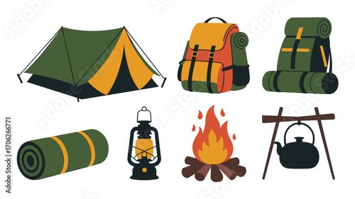 Camping gear vector illustration of tent, backpack, sleeping bag, lantern, campfire and kettle for outdoor adventure
