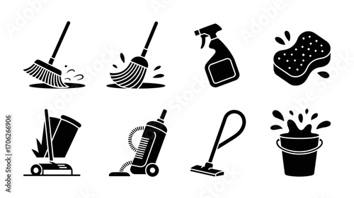 Cleaning tools icons vector set in black silhouette style including mop, broom, spray, sponge, vacuum and bucket
