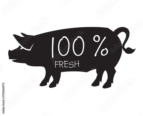 monochrome illustration with silhouette of pig isolated on white background