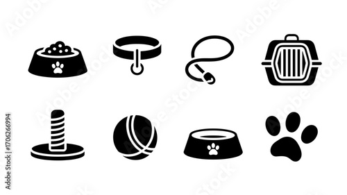 Pet accessories icons vector set of food bowl, collar, leash, carrier, toy ball, scratching post and paw print in black silhouette
