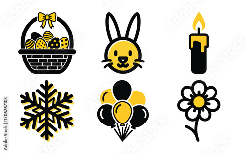 Collection of six flat design icons including an easter basket, bunny face, candle, snowflake, balloons, and a flower, isolated on white background