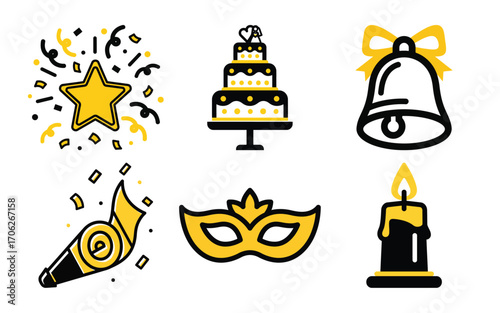 Set of six flat design celebration icons featuring a starburst, wedding cake, bell, party popper, masquerade mask, and a candle, isolated on white background