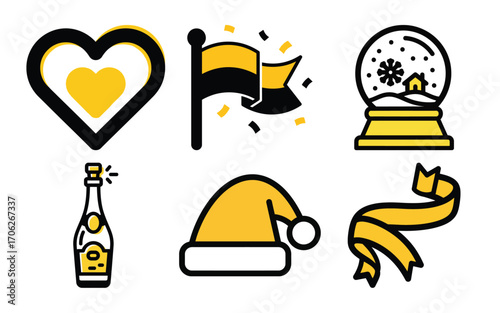 Collection of festive icons including a heart, flag, snow globe, champagne bottle, santa hat, and ribbon, isolated on white background