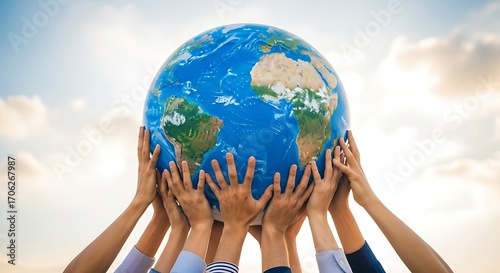 Many hands holding the world globe, symbolizing global cooperation, unity, and environmental protection, showcasing a shared responsibility for the planets future and sustainability