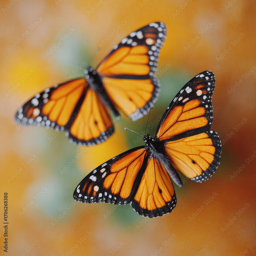 Obraz premium Two orange and black monarch butterflies in flight