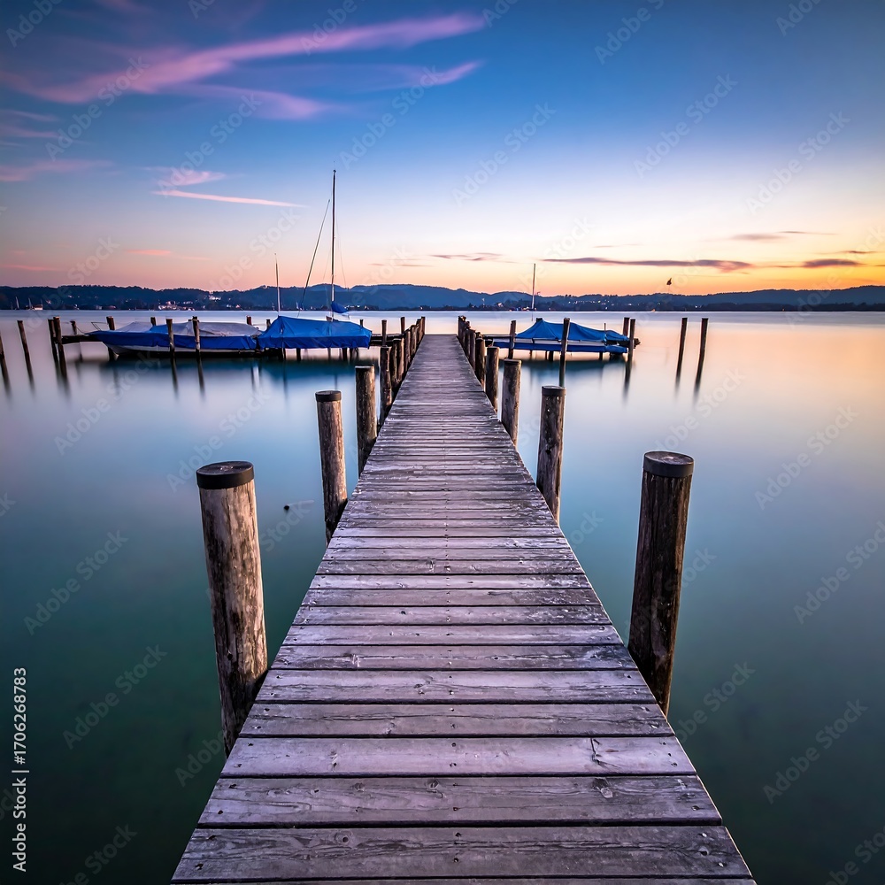Fototapeta premium Serene Lakeside Pier at Sunset