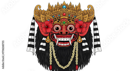Traditional Balinese Barong Mask Illustration
Detailed illustration of a traditional Balinese Barong mask with ornate golden crown, red hibiscus flowers, black and white checkered cloth, and floral ga