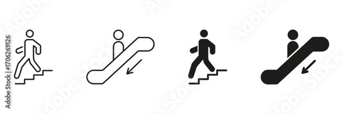 Walking And Escalator Direction Icon Set. Pedestrian Movement And Escalator Usage Outline And Silhouette Symbol Collection. Public Transport And Navigation Guidance. Isolated Vector Illustration