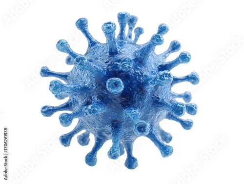 A stylized 3D rendered illustration of a blue virus with a snowflake pattern, resembling an ink blot or paint splash