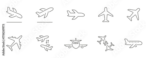 Airplane Takeoff Landing and Flight Route Line Icon Set. Aviation Travel Jet Aircraft Transportation Elements Outline Symbol Collection. Editable Stroke. Isolated Vector Illustration