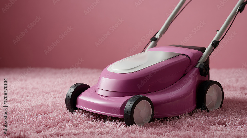 Fototapeta premium Pink lawnmower on pink grass, quirky and colorful scene.