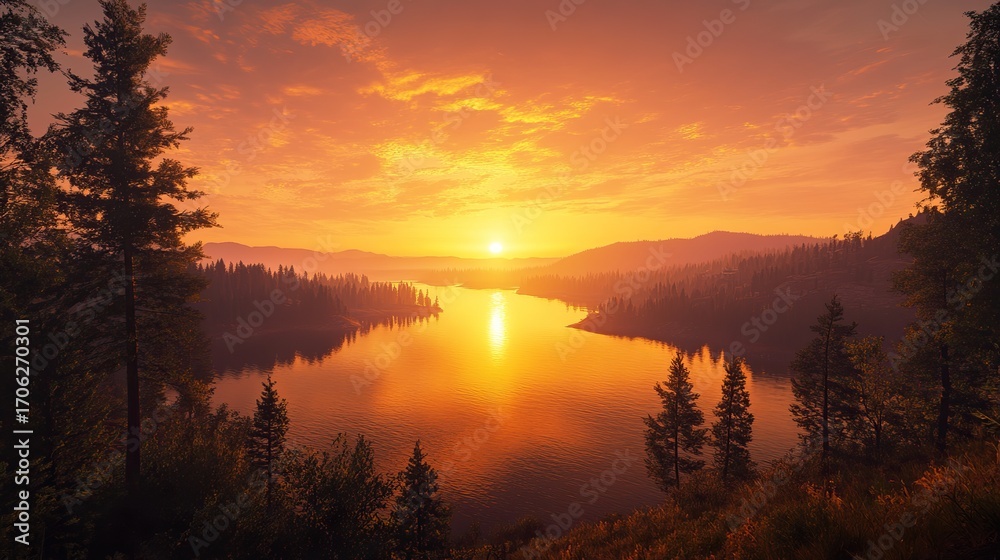 Fototapeta premium A photo-realistic sunset landscape overlooking a wide, calm river from a high vantage point framed by silhouetted trees. 