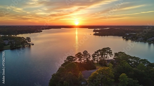 A stunning sunset view of the entire Lake Conroe, Texas from an elevated perspective overlooking hills and trees with beautiful colors in the sky. 