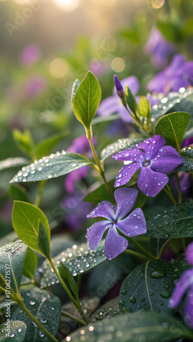 Purple flowers water droplets fresh green image