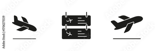 Airplane Departure and Arrival With Flight Display Solid Icon Set. Aircraft Takeoff, Landing, and Airport Schedule Board in Filled Style Symbol Collection. Isolated Vector Illustration